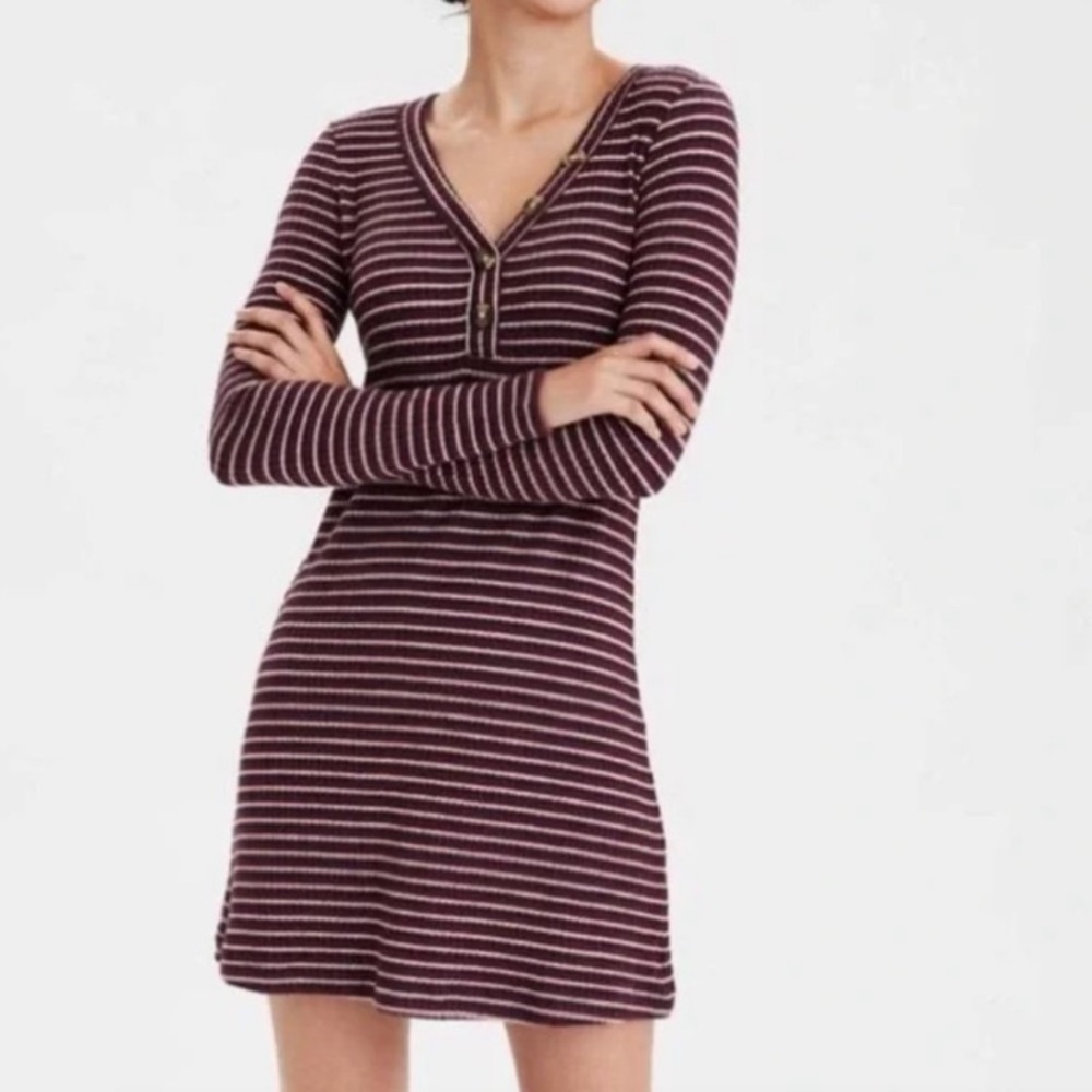 American Eagle Outfitters Striped Long Sleeve Dress - Burgundy and White